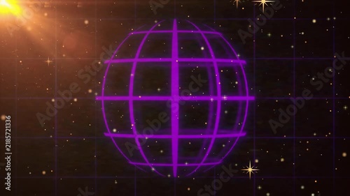 Digital purple wireframe globe with colorful location pin markers floating in a dark starry space with video glowing purple digital globe rotating location pins against starry background technology