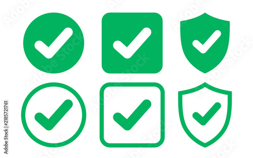 Professional green tick mark icons collection featuring circle square and shield shapes for success verification