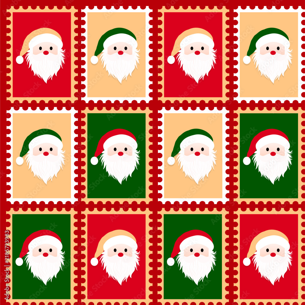 Fototapeta premium Festive Christmas design featuring Santa Claus portraits in red and green postage stamp frames, ideal for holiday cards, wrapping paper and seasonal crafts.
