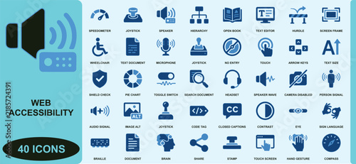 A collection of forty blue web accessibility and user interface on a light blue background