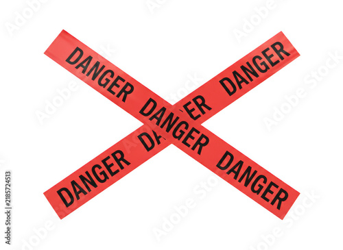 Red danger warning tape strips crossed in an x shape with black text used for safety and security signage