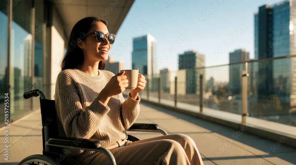 Fototapeta premium Stylish young woman in wheelchair sits on modern urban terrace. Smiles sipping hot coffee drink in morning sunlight. Happy female passenger enjoys city view, lifestyle relaxation in outdoor cafe
