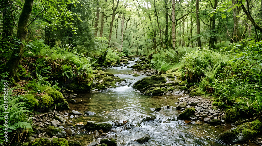 Fototapeta premium A peaceful stream flowing through a lush green forest with ferns and mossy rocks.