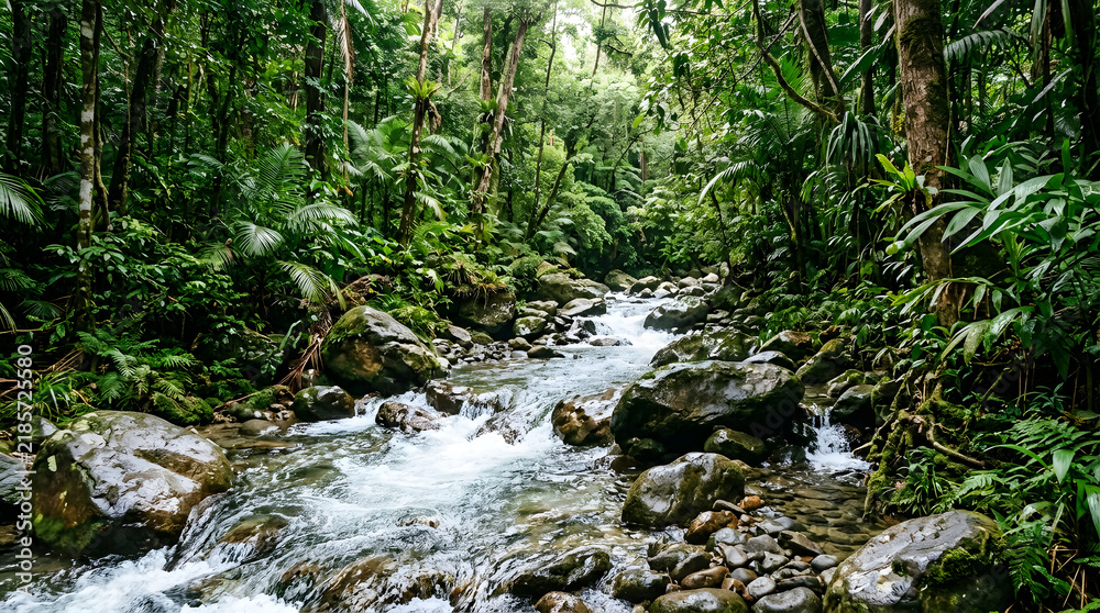 Fototapeta premium A beautiful clear mountain stream flowing through a lush green tropical rainforest.