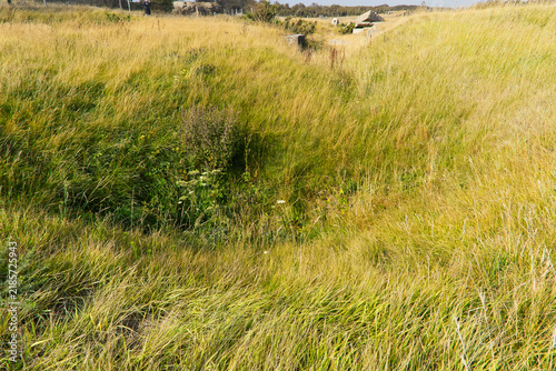 Fotografie Pointe du Hoc landing site of D Day with scenic landscape and bomb craters on a summer day