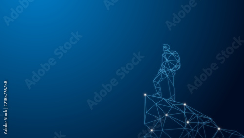Digital Explorer Standing on Mountain Peak Polygon Wireframe: Achievement, Technology, and Adventure Concept
