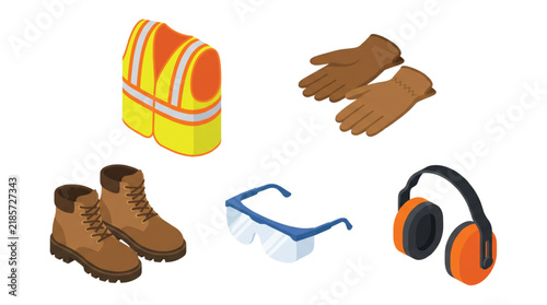 3D Isometric Personal Protective Equipment Set with Safety Vest, Work Gloves, Boots, Glasses, and Ear Defenders