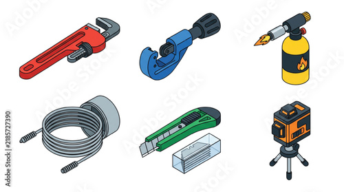 3D Isometric Plumbing and Construction Tools Set with Pipe Wrench, Tube Cutter, Blowtorch, Drain Snake, Utility Knife, and Laser Level