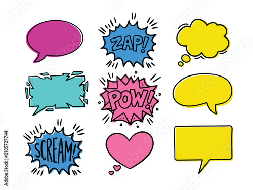 Bild auf Leinwand Comic Action Sound Effects and Speech Bubbles Set, Colorful Zap Pow Scream and H
