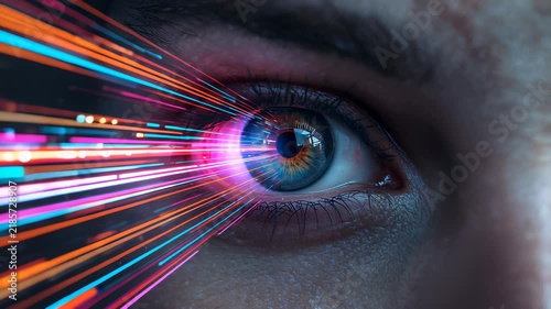 Macro view of an open human eye with multicolored glowing light beams radiating from the blue iris