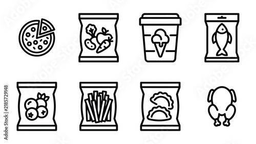 Assorted Food Icons: A collection of simple, clean line art icons representing a variety of popular food items, including pizza, fruit, vegetables, ice cream, fish, berries, fries, dumplings.
