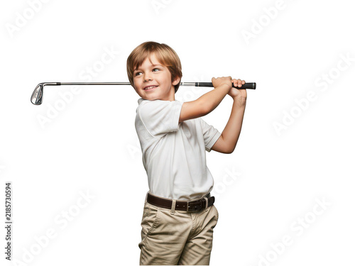Boy practicing golf swing outdoors