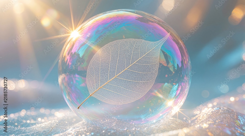 Obraz premium Delicate leaf skeleton inside iridescent bubble. Light rays shine on ethereal orb with swirling rainbow colors. Fragile nature concept in macro view.