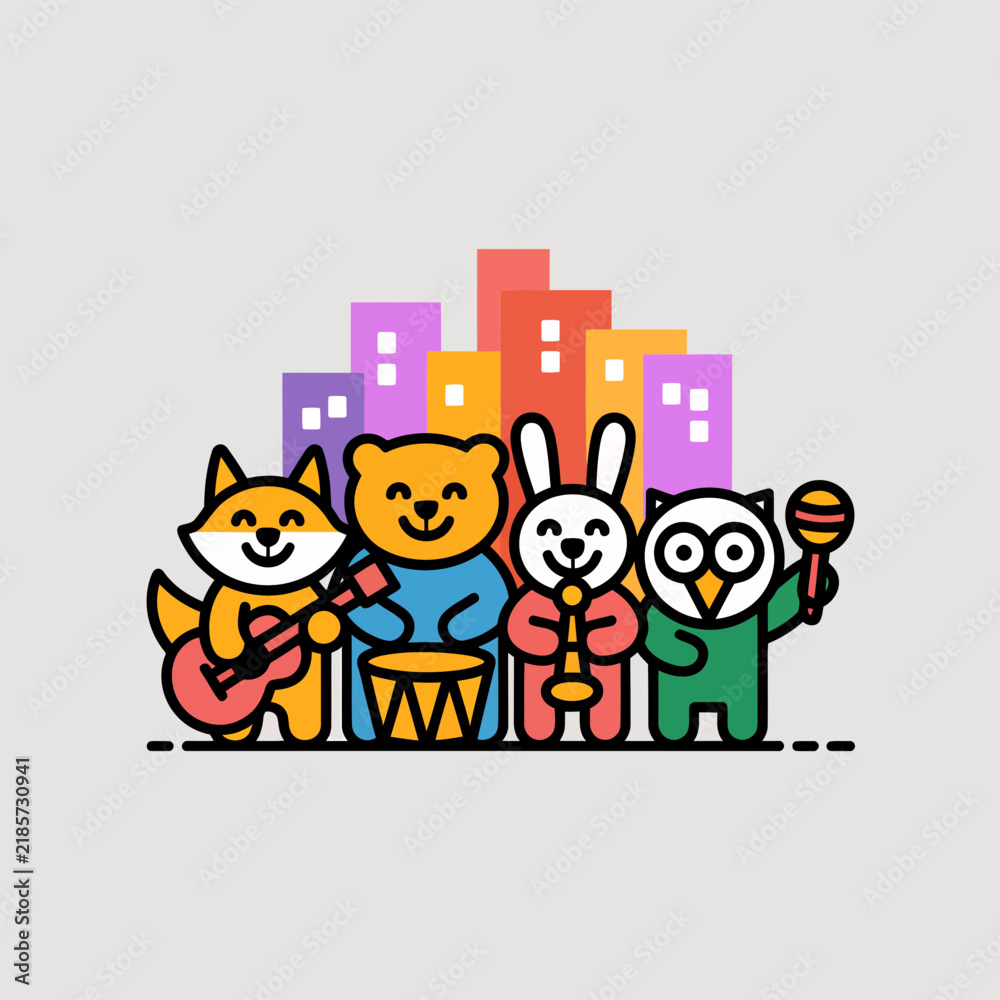 Fototapeta premium Whimsical animal band featuring a fox on guitar, bear on drums, rabbit on trumpet, and owl with maracas performing against a colorful city skyline