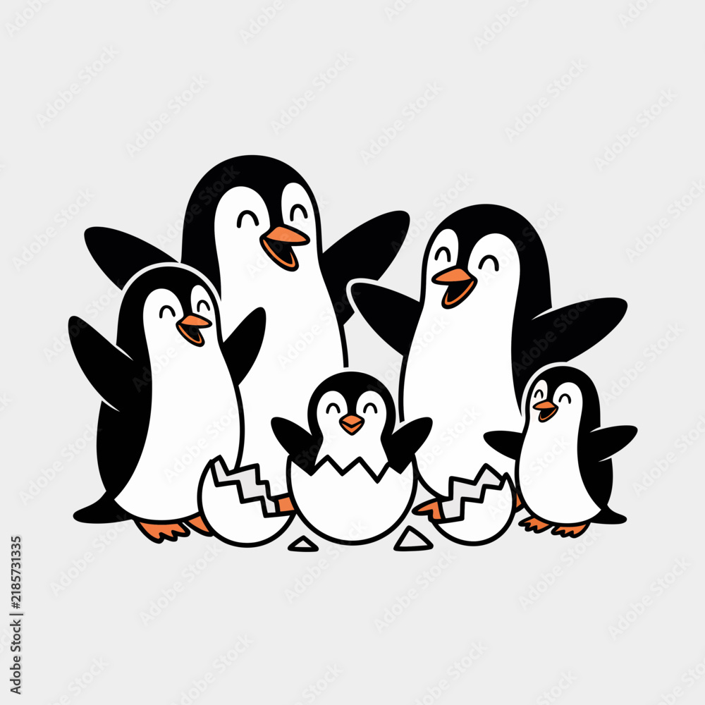 Fototapeta premium Heartwarming portrayal of familial bonds and new beginnings featuring a colony of cheerful penguins gathered around a small chick hatching from its egg in minimalist vector art