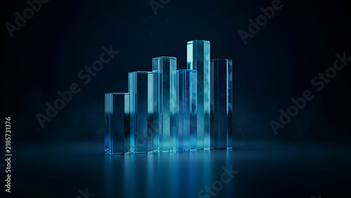 Abstract 3d bar chart made of transparent blue glass pillars standing on a dark reflective surface with a moody atmospheric background