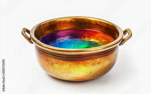 Brass Pot with Vibrant Holi Colored Water Isolated on white background.