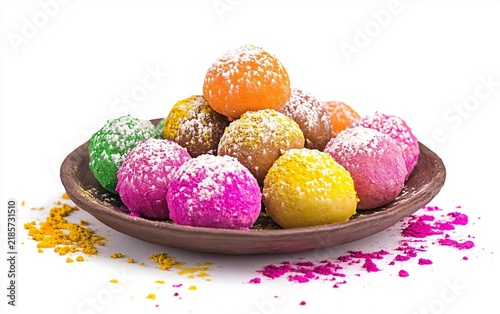 Traditional Indian Sweets with Holi Powder on Top Isolated on white background.