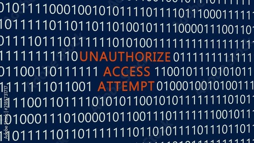 Unauthorized access attempt text or word with digital binary animation background, designed for an illustrative digital world technology concept representing system security threat