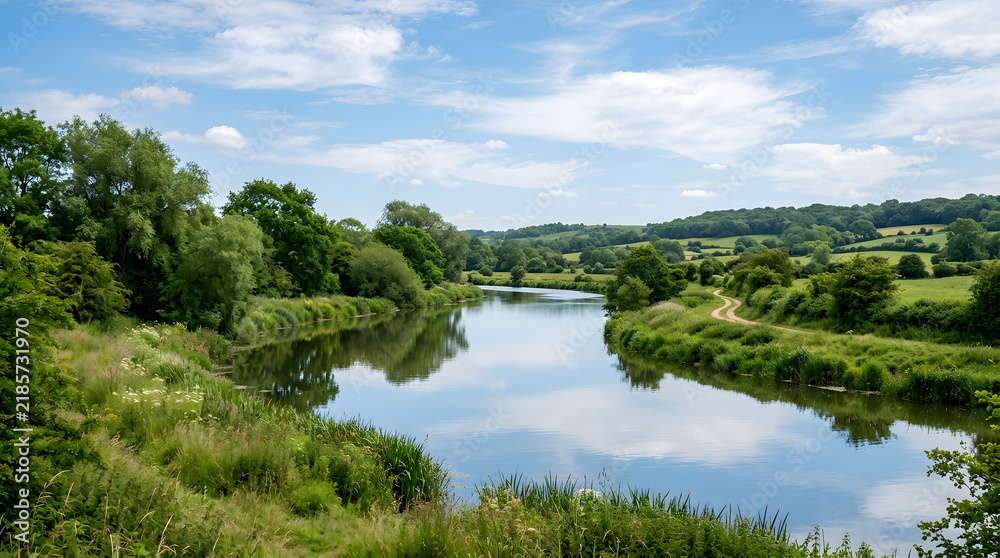 Fototapeta premium A peaceful river flowing through the lush green countryside on a sunny summer day.