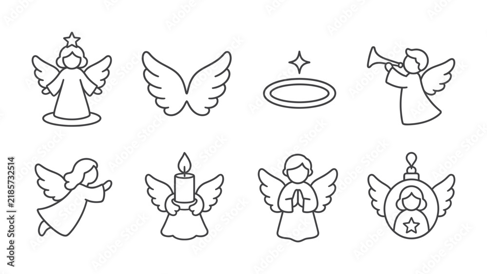 Fototapeta premium Angelic Icons: A collection of simple, clean line-art icons depicting various angelic figures, wings, and halos, perfect for religious or festive designs.