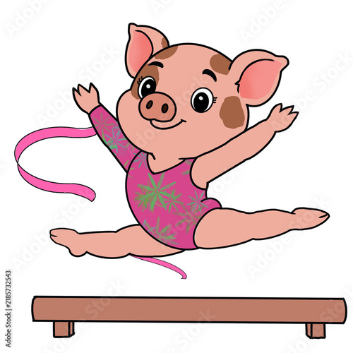 Fotografie Cute cartoon pig in a pink leotard doing a rhythmic gymnastics ribbon split leap, gymnast character illustration