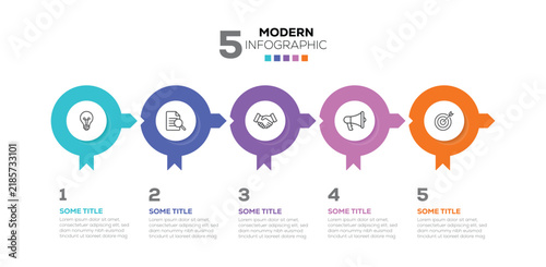 Modern infographic with circular elements connected by arrow. 5 step timeline journey. 5 steps modern infographic with business icons. Vector illustration.