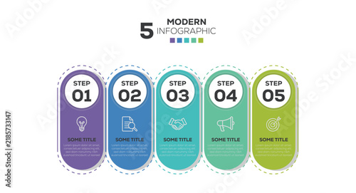 Five step rectangle rounded modern infographic with business icon and number. Can be used as a presentation, banner, report, website etc. Vector illustration.