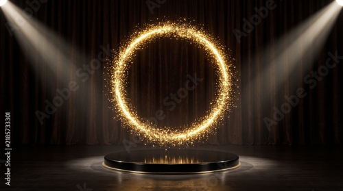 Obraz na płótnie Mystical golden ring illuminated by dramatic spotlight stage setup