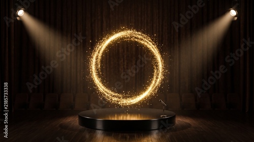 Obraz na płótnie Mystical golden ring illuminated by dramatic spotlight stage setup