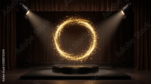 Obraz na płótnie Mystical golden ring illuminated by dramatic spotlight stage setup