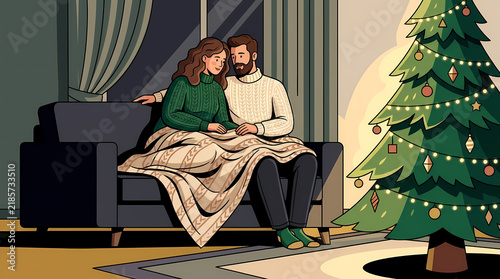 Cozy couple sharing a blanket by the Christmas tree on a winter evening