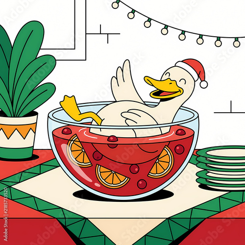 Festive duck in punch bowl wearing Santa hat, ready for holiday cheer