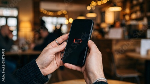 Close up of a person holding a smartphone showing a low battery warning icon in a cozy restaurant or cafe background.