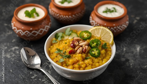 aditional Indian sabudana khichdi served with curd, garnished with peanuts, green chili, coriander and lemon, popular vrat fasting food recipe enjoyed during