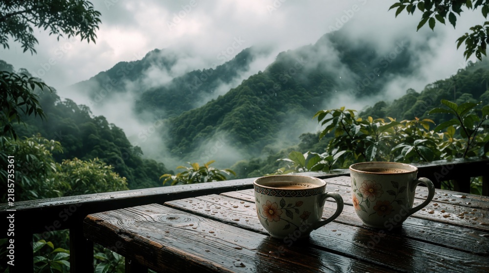 Obraz premium Two cups of coffee sit on a wet wooden table on a terrace overlooking misty green mountains. Raindrops fall gently, creating a serene and tranquil atmosphere, perfect for a quiet moment.