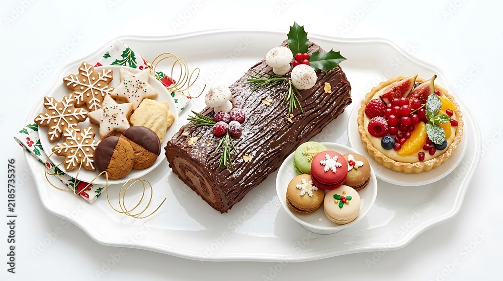 Naklejka premium Christmas Dessert Platter with Yule Log Cake and Holiday Cookies.
