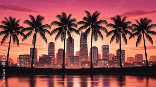 A vibrant city skyline at sunset with silhouetted palm trees and reflective water creating a tropical urban atmosphere.