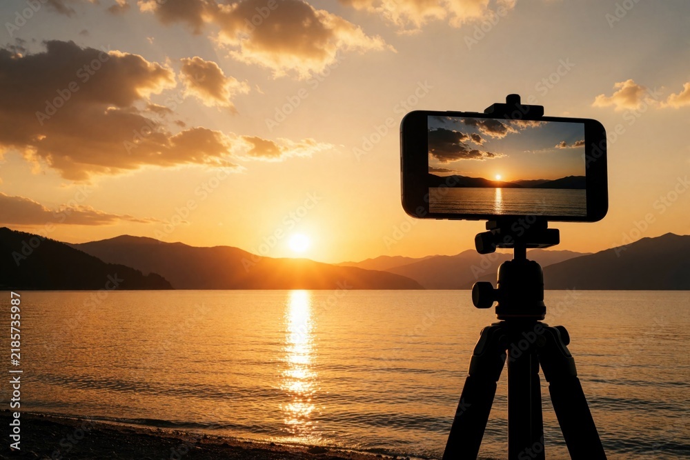 Obraz premium Smartphone on tripod records golden sunset over sea, mountains. Mobile phone captures landscape video at beach during dusk. Tech device films beautiful ocean view with orange sky. Travel blogger uses