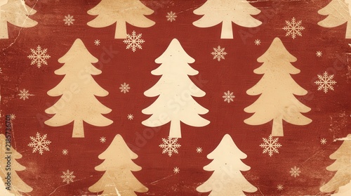 A festive pattern featuring cream-colored Christmas trees and snowflakes on a rustic red background, evoking holiday warmth and vintage charm.