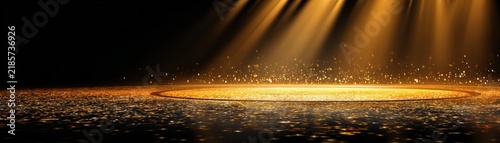 A golden spotlight shines through darkness, illuminating sparkling particles and creating a radiant, magical atmosphere on a reflective surface.