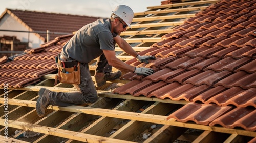 A construction worker wearing safety gear installs terracotta roof tiles on a wooden frame under a clear sky.
