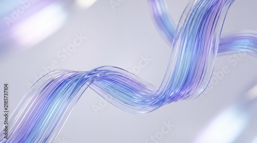 Abstract Transparent Flowing Wave with Iridescent Glossy Lines in Blue and Purple Pastel Tones on a soft light Background