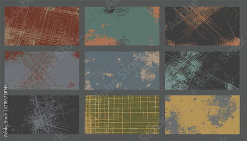Grid collection of nine colorful distressed grunge background texture cards with scratches and paint splatters.