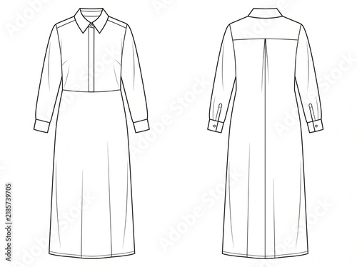 a black and white vector technical flat sketch of a women's long-sleeved midi shirt dress