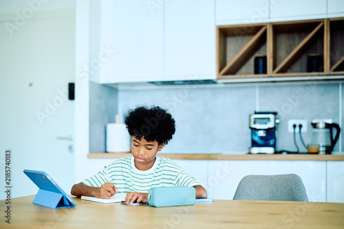 Принти на полотні Young boy concentrating on homework, writing in a notebook while using a digital