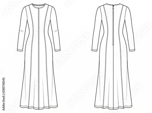 a black and white vector technical flat sketch of a women's long-sleeved paneled maxi dress
