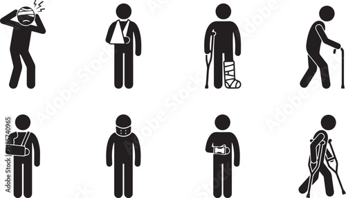 Injury icons set depicting wounded people with crutches and casts