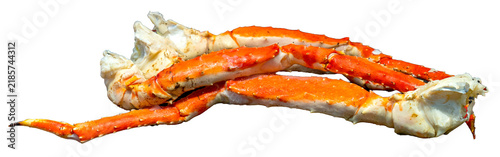 Fresh cooked king crab legs isolated. Premium seafood delicacy with bright orange shell and succulent white meat. Ideal for restaurant menus, food packaging or culinary designs.