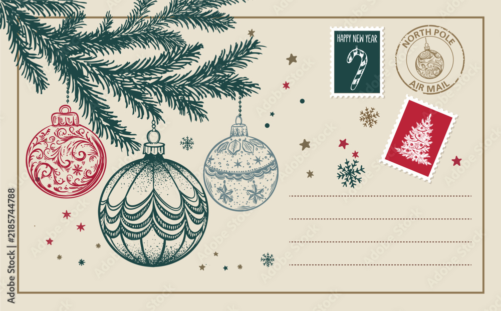 Obraz premium Vintage Christmas Postcard with ball and Stamps